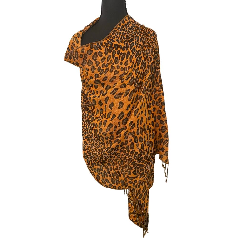 100% Pashmina Leopard Print Shawl Wrap Scarf Fringe Camel Black